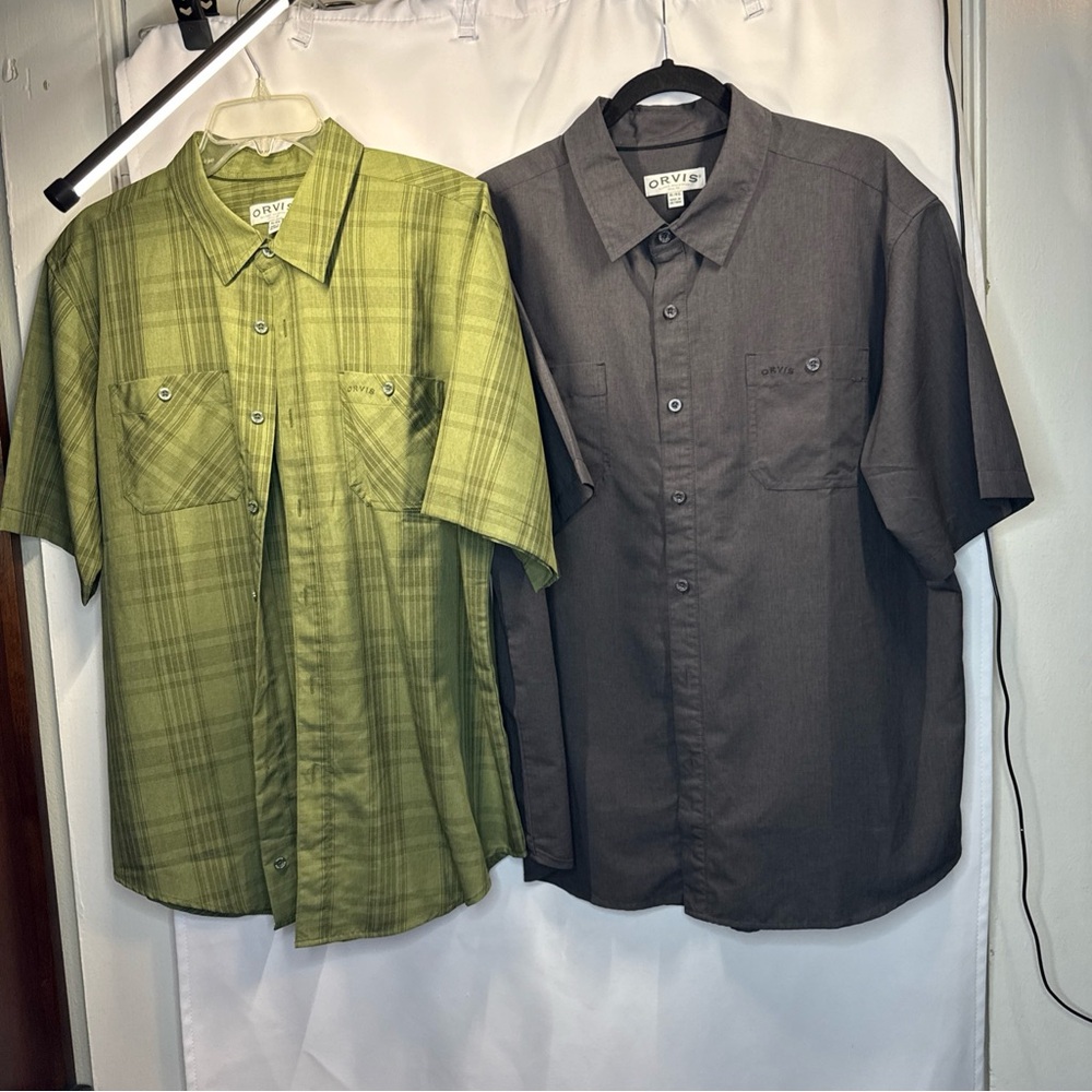 Orvis Men's Plaid Green and Solid Gray Button Down Shirts
